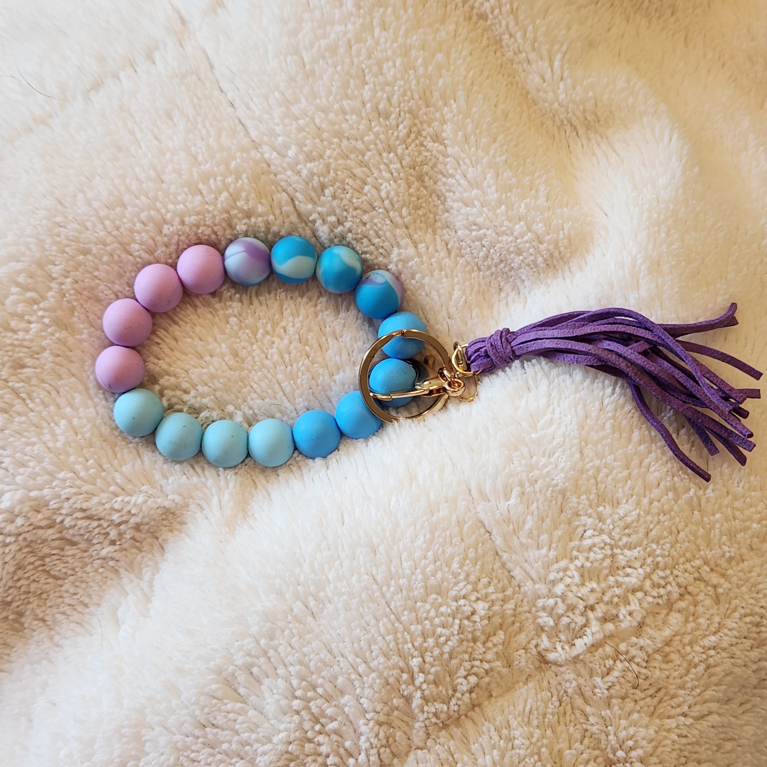 Pastel Silicone Beaded Keychain Wristlet With Purple Tassel Bnwot